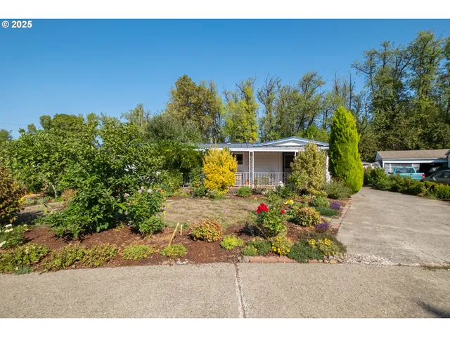 a view of a white house with a yard and potted plants