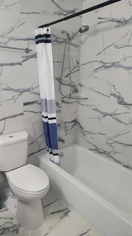 a bathroom with a toilet and a bathtub