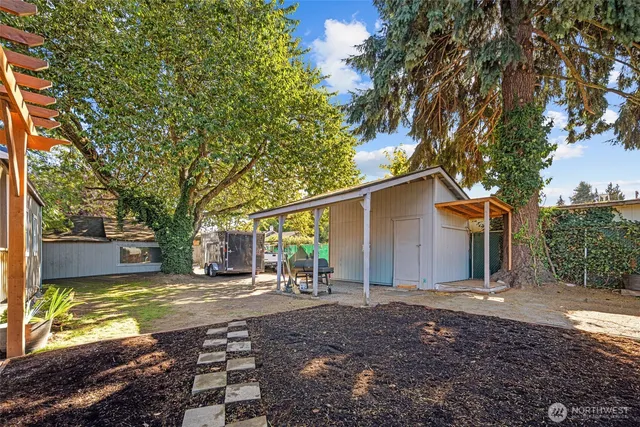 a view of a yard with a large tree