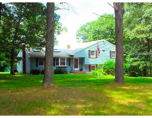 a front view of a house with a yard and trees