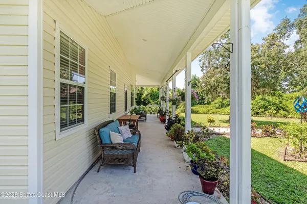 a garden view with a seating space
