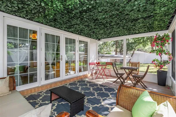 a view of a dining room with furniture