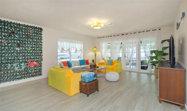 a living room with fireplace furniture and a flat screen tv