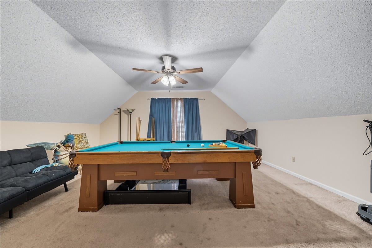 6870 Deerfield Road Bartlett, TN 38135 - Photo 21 of 28 Recreation room with a textured ceiling, carpet, pool table, and ceiling fan