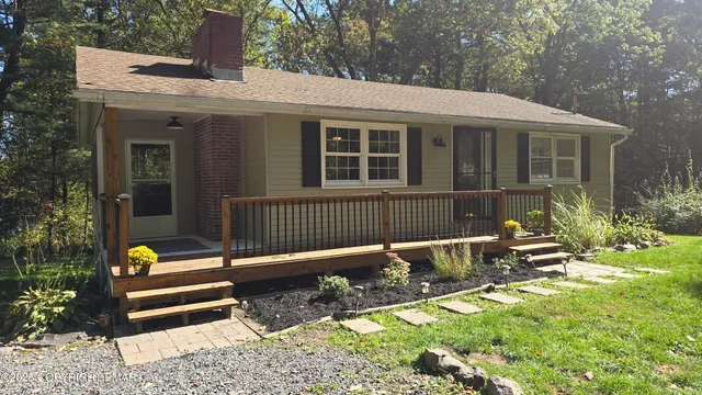 a view of a house with a yard plants and large tree