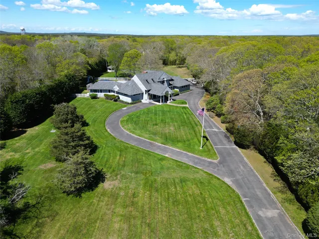 a aerial view of a house with a big yard plants and large trees