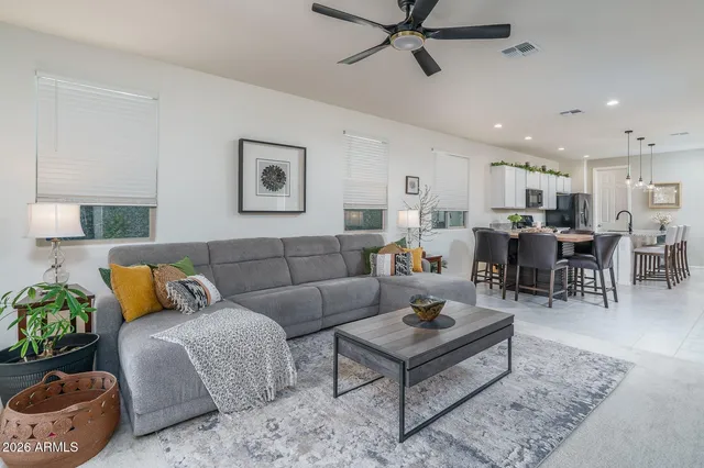 a living room with furniture and a dining table with potted plant