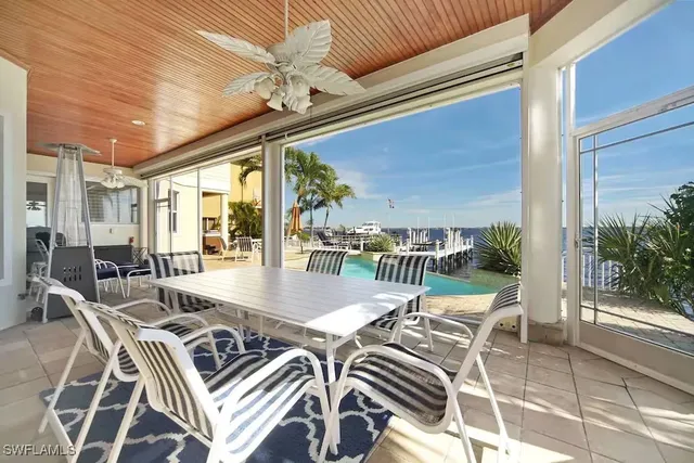 a view of a patio with dining table and chairs