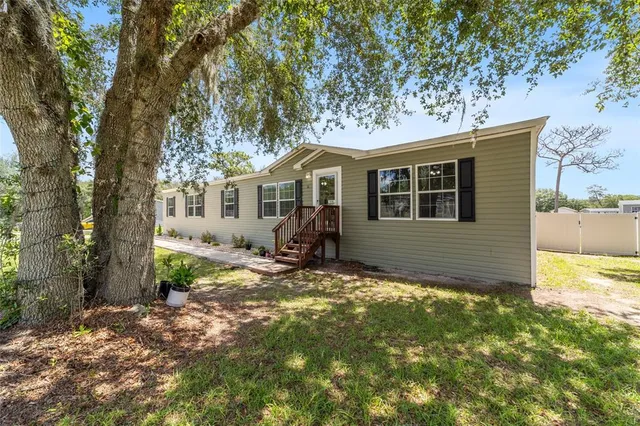 a view of a house with a large tree and a yard