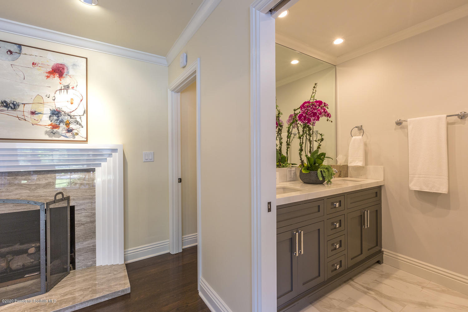 1175 Arden Road Pasadena, CA 91106 - Photo 17 of 30 a spacious bathroom with a granite countertop sink a mirror and a shower