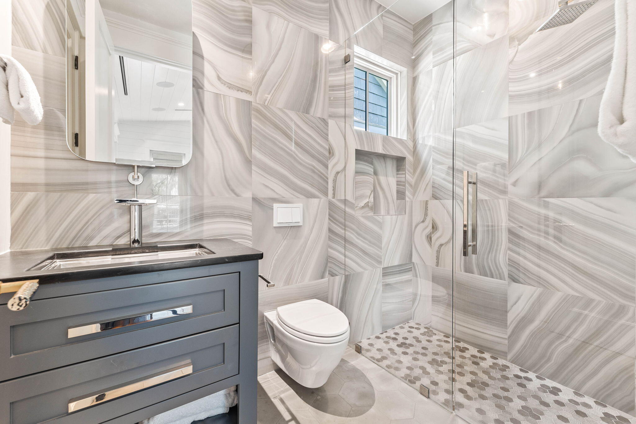 58 Coopersmith Ln Inlet Beach Inlet Beach, FL 32461 - Photo 101 of 130 a bathroom with a granite countertop sink toilet a mirror and shower