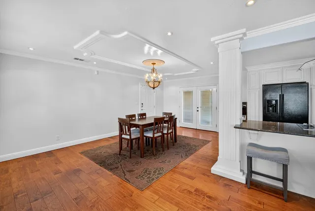 a view of a dining room with furniture