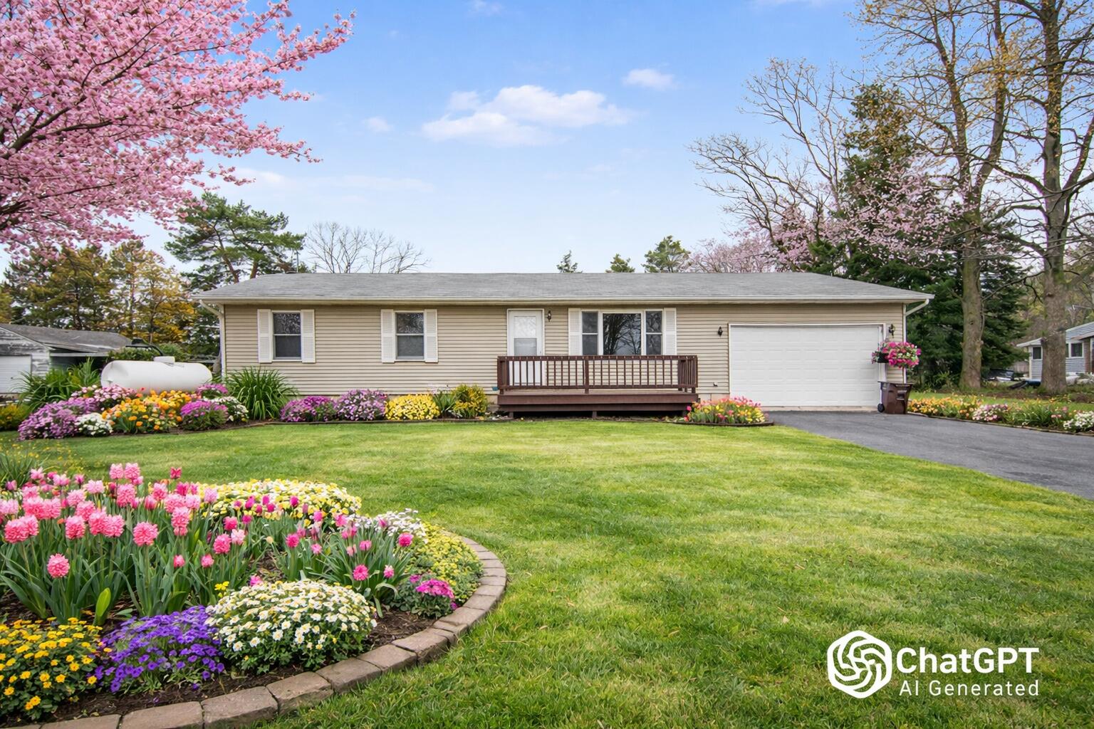 Spring garden at a ranch-style home