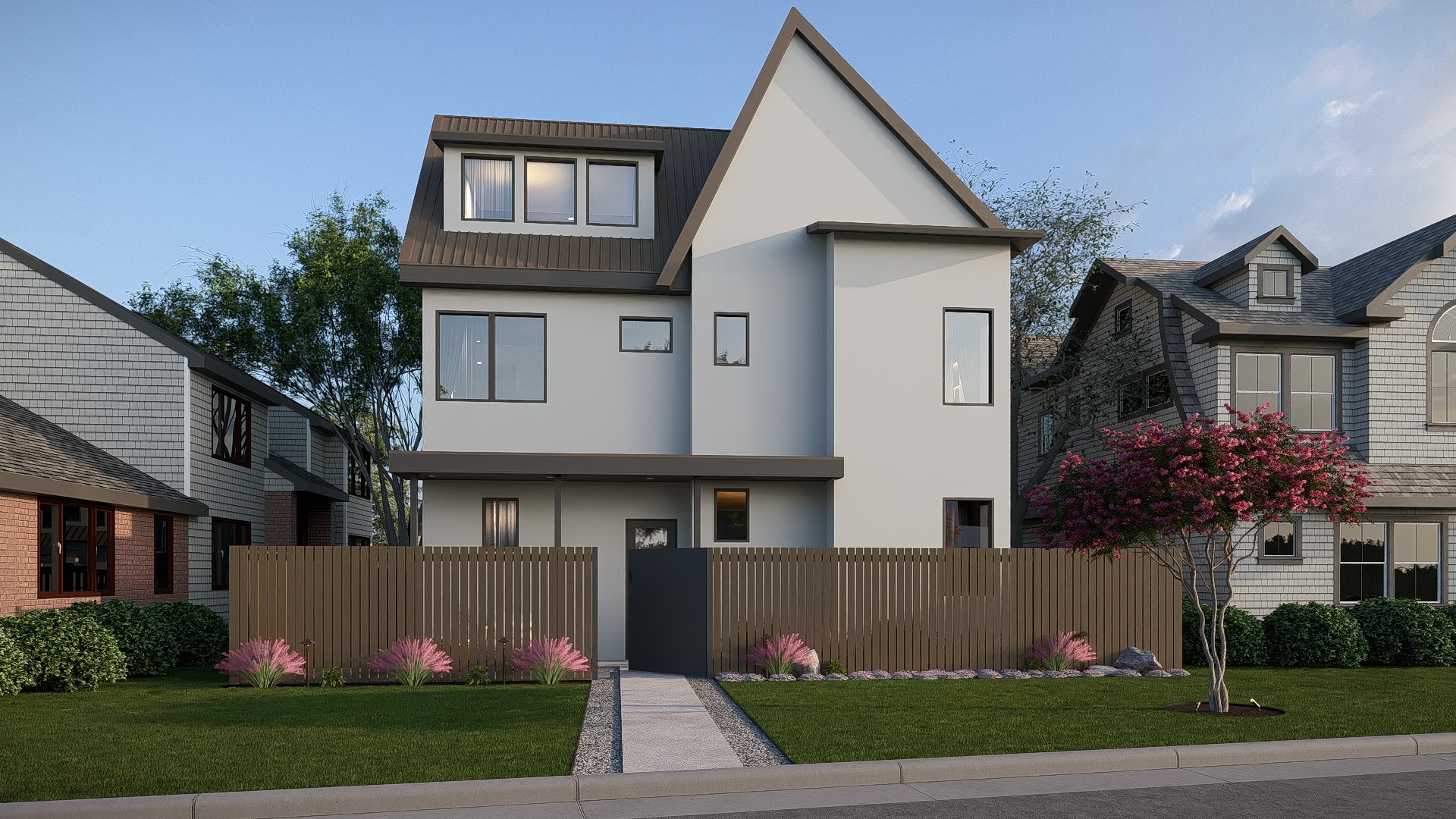 2014 East 10th Street Austin, TX 78702 - Photo 19 of 19 Modern home with a fenced front yard, stucco siding, and a gate