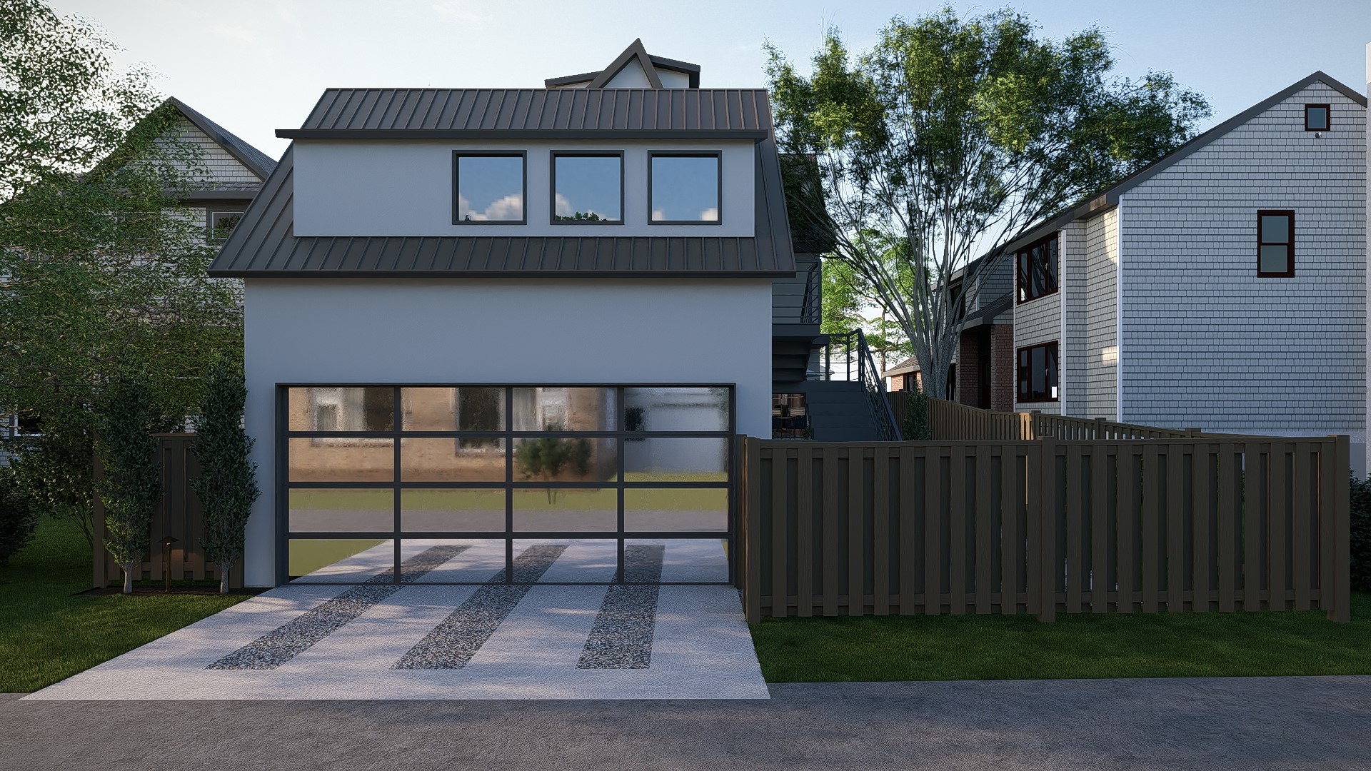 2014 East 10th Street Austin, TX 78702 - Photo 10 of 19 Modern home featuring a fenced front yard, a metal roof, stucco siding, and a gate