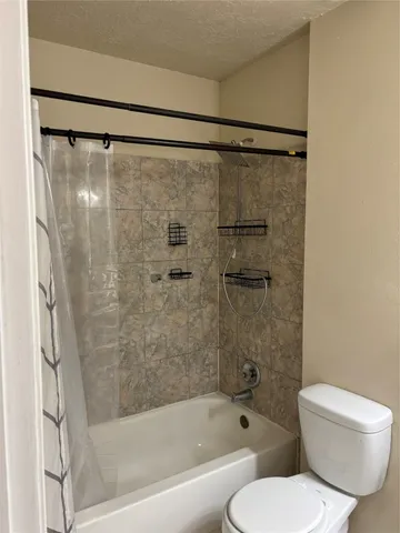a bathroom with a shower and a toilet