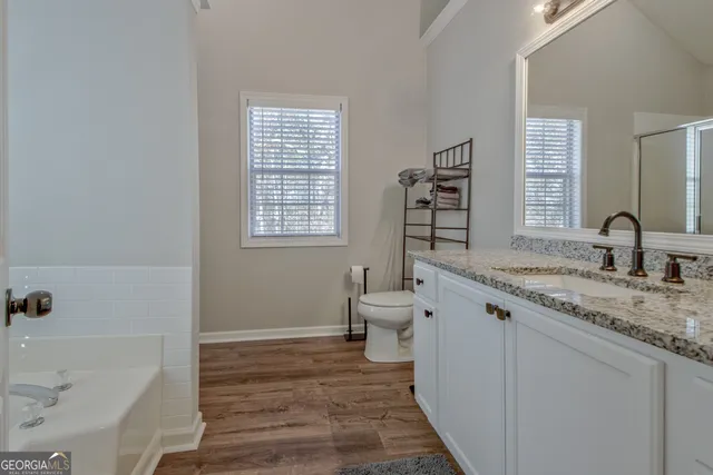 a bathroom with a granite countertop sink a toilet and bathtub