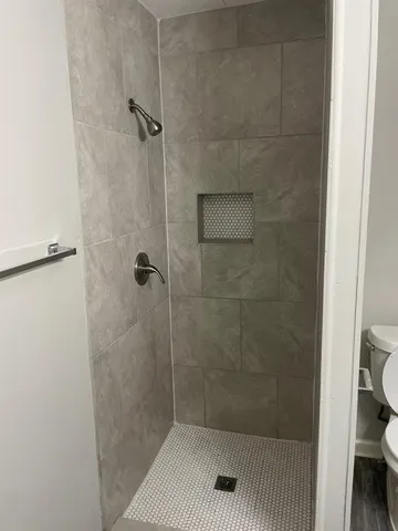 a bathroom with a shower and toilet