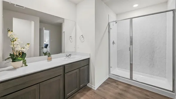 a bathroom with a double vanity sink mirror and shower