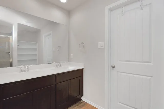 a bathroom with a sink and a mirror