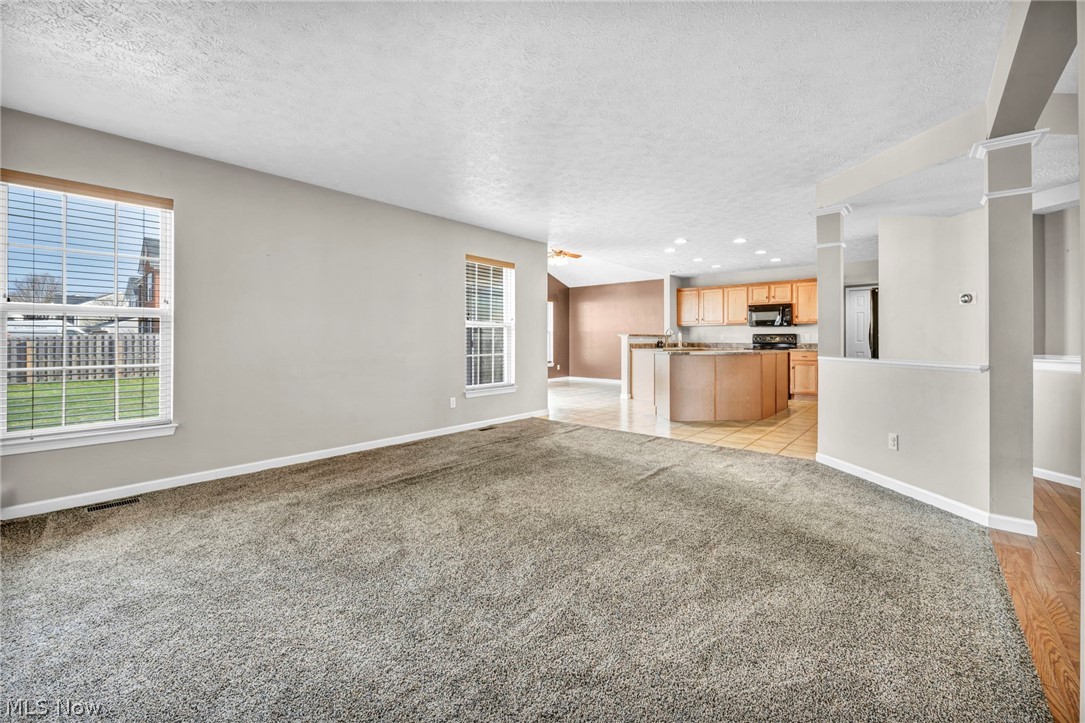 147 Stone Ridge Way Berea, OH 44017 - Photo 8 of 44 Unfurnished living room with light colored carpet, recessed lighting, a textured ceiling, and healthy amount of natural light