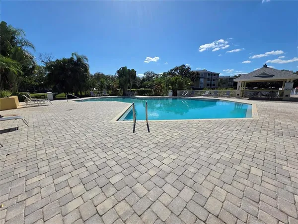 a view of a swimming pool with lawn chairs and plants