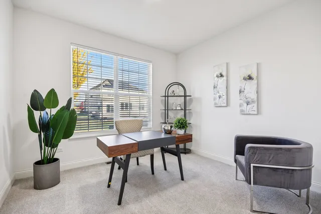 a view of a livingroom with furniture and a potted plant