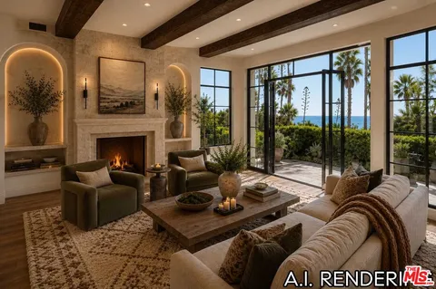 a living room with furniture large windows and a fireplace