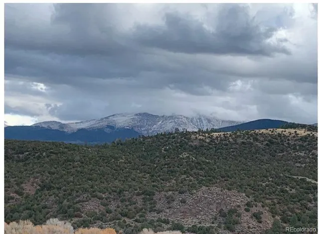 a view of a dry yard with mountains in the background