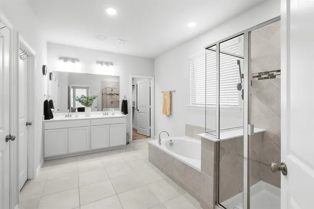 a bathroom with a bathtub sink mirror and shower