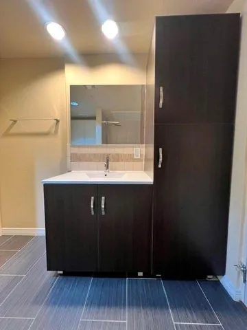 a bathroom with a sink and a mirror