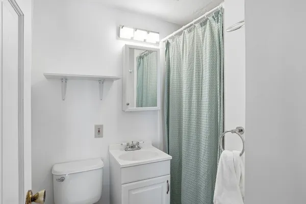 a bathroom with a sink a toilet and shower curtain