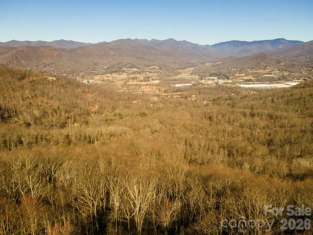 a view of a dry field with mountains in the background