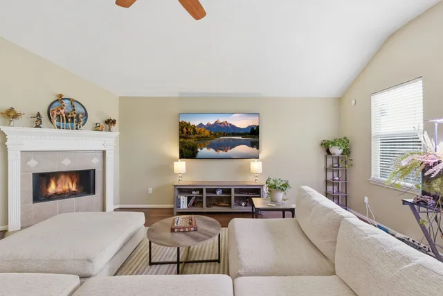a living room with furniture and a fireplace