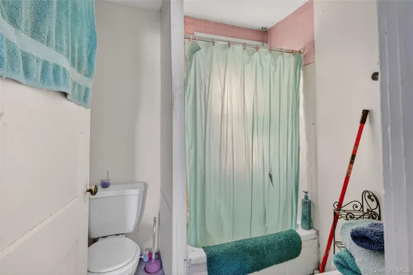 a bathroom with a toilet and a shower curtain