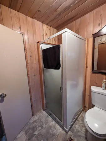 a bathroom with a toilet and a shower