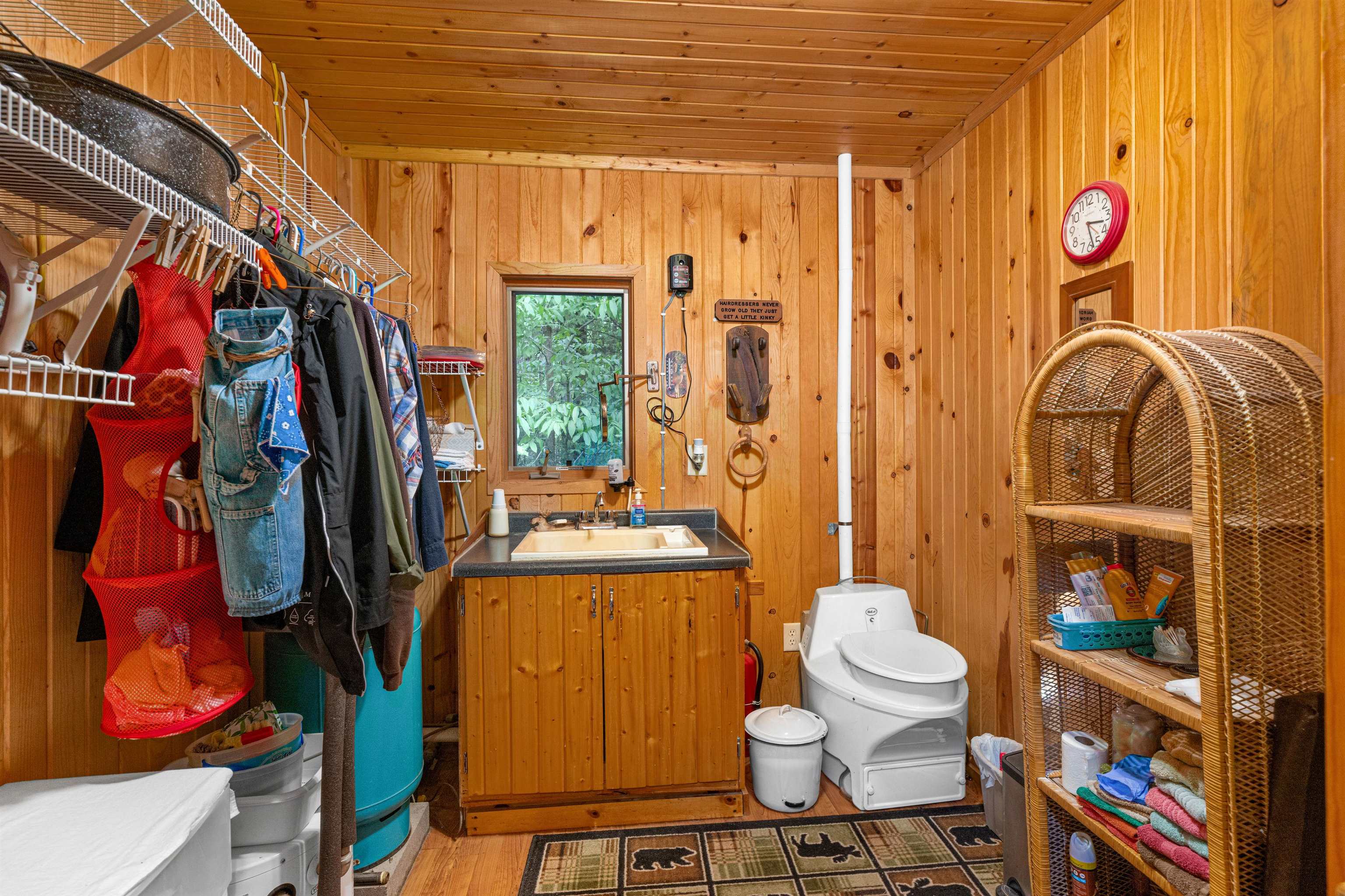1207 Christianson Lake Road Two Harbors, MN 55616 - Photo 17 of 36 Half bathroom featuring wood ceiling, wood walls, vanity, and wood finished floors