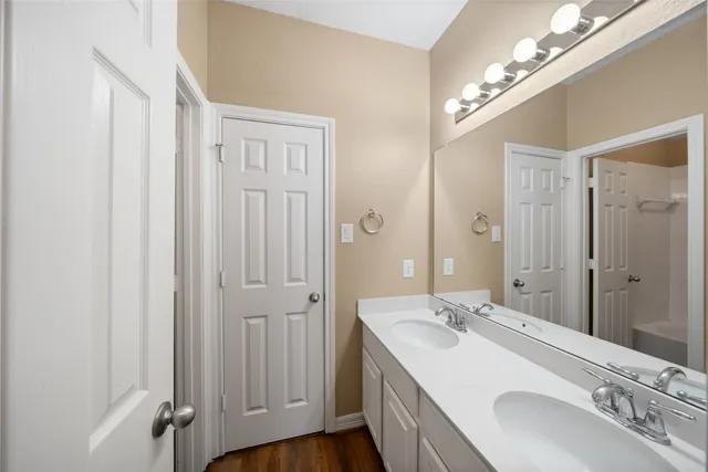 a bathroom with a sink and a mirror