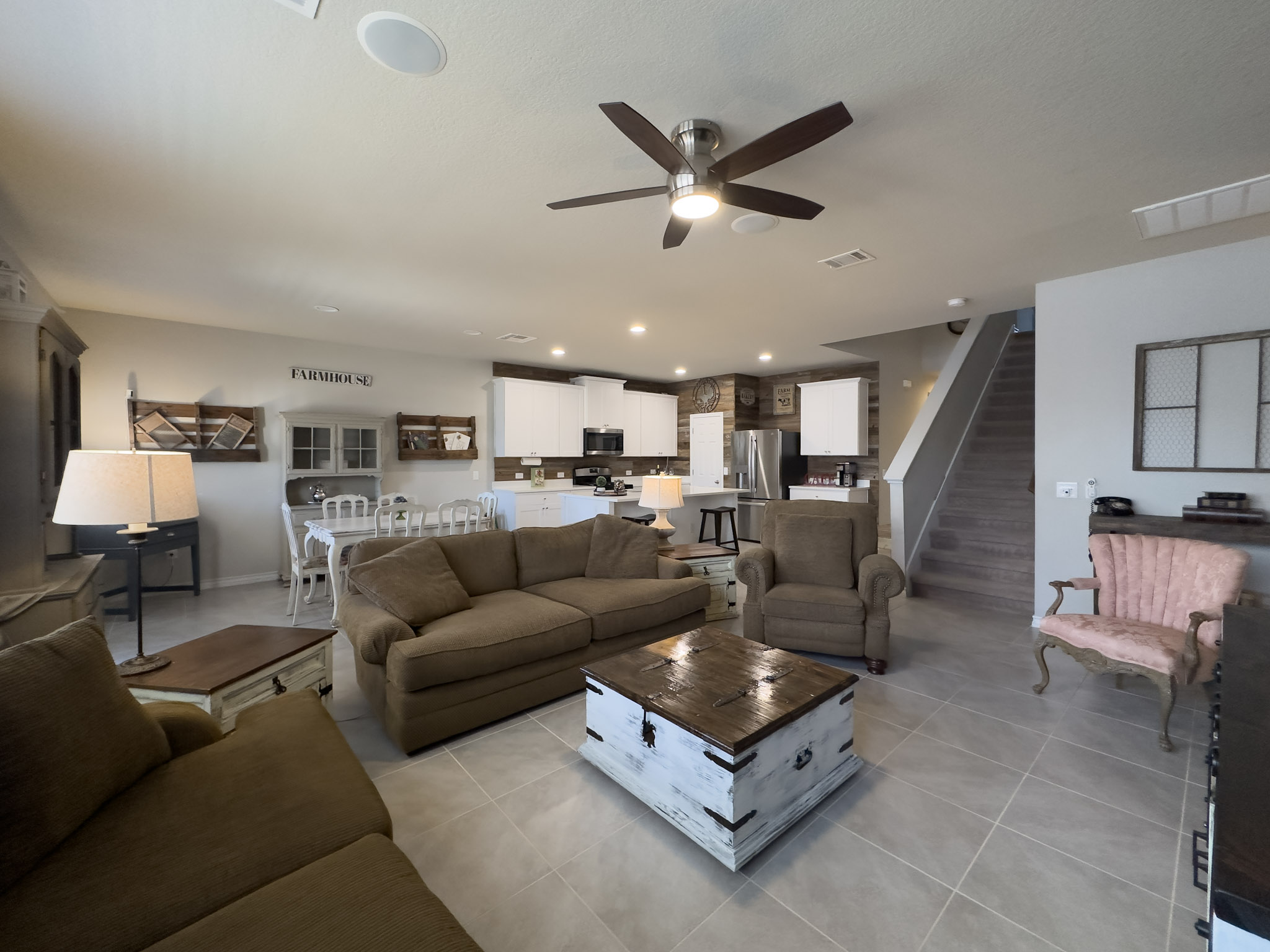 11005 Players Path Austin, TX 78747 - Photo 10 of 40 Living area with a ceiling fan, light tile patterned floors, and recessed lighting