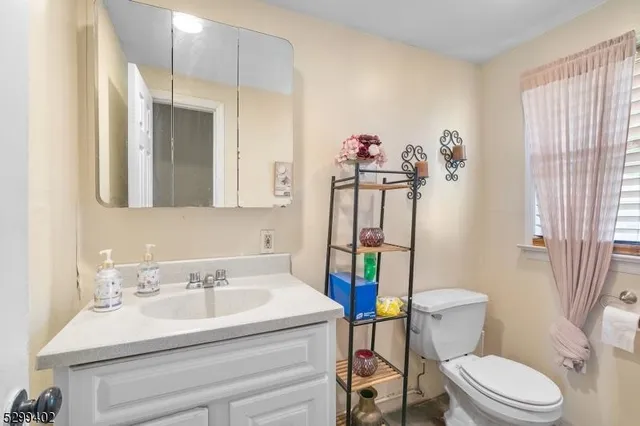 a bathroom with a sink a toilet a mirror and shower curtain