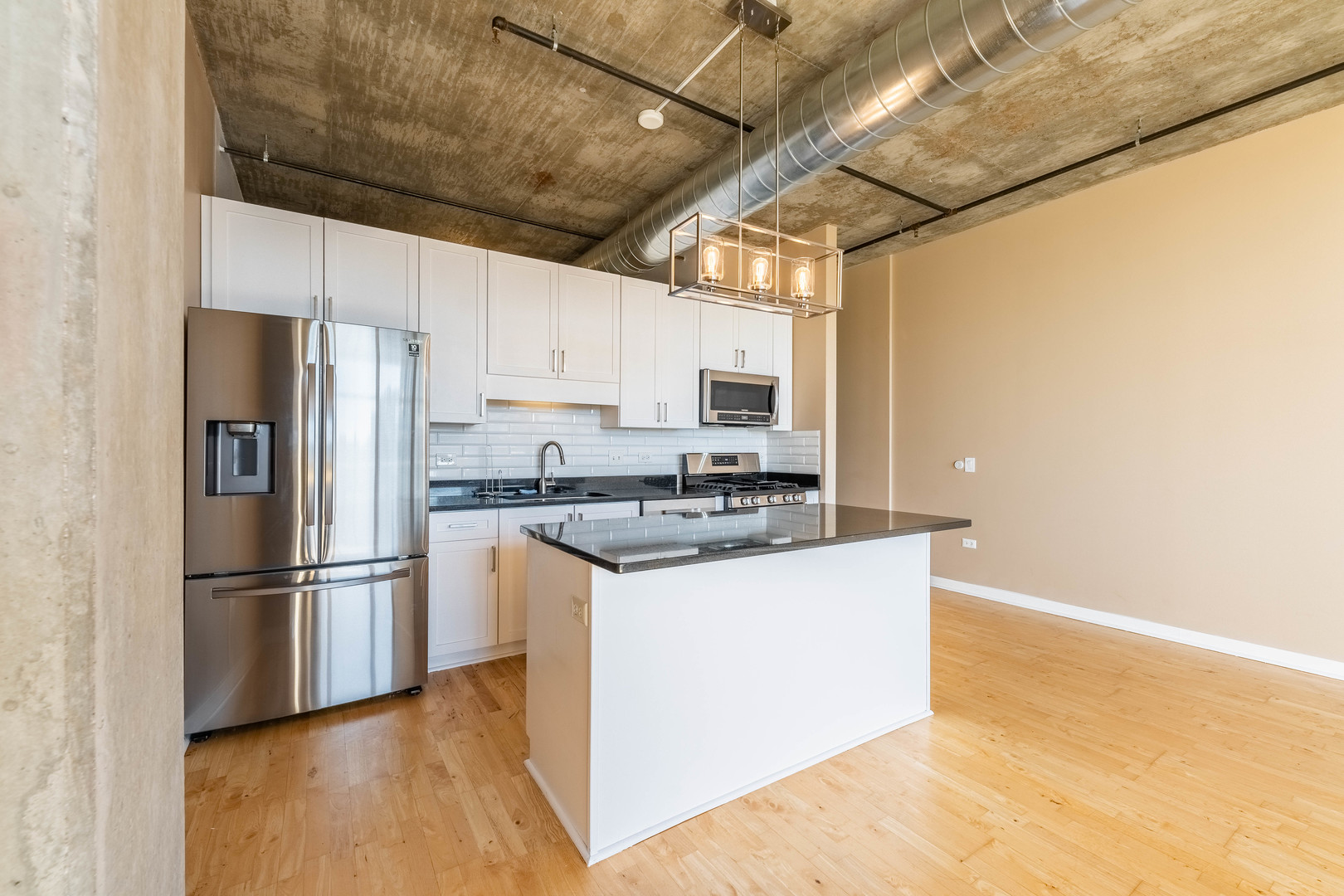 50 East 16th Street, Unit 411 Chicago, IL 60616 - Photo 12 of 22 a kitchen with stainless steel appliances granite countertop a refrigerator a stove a sink dishwasher and a refrigerator with wooden floor