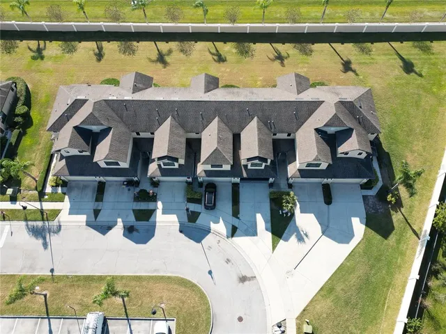 an aerial view of a swimming pool