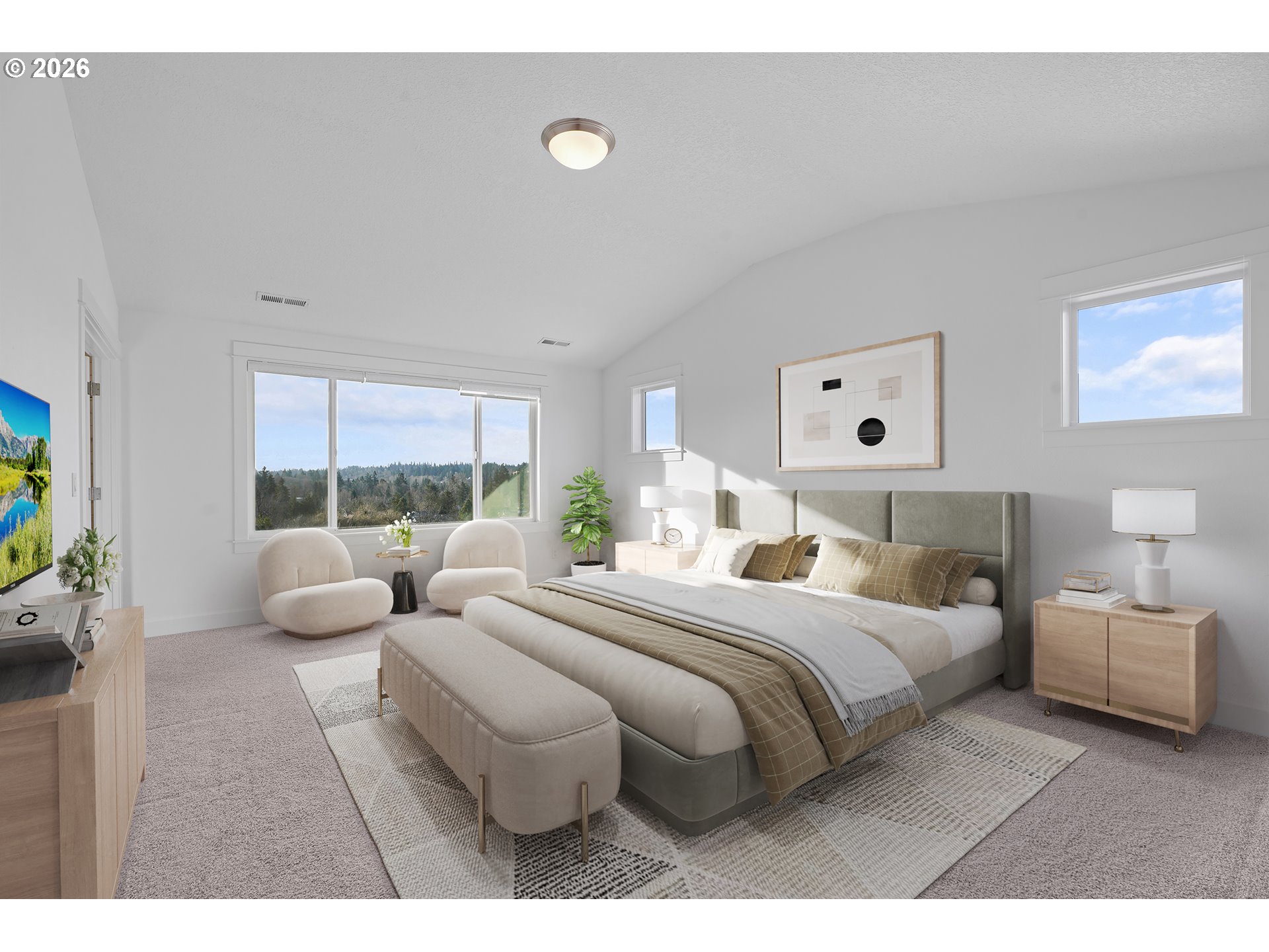 14146 South Cleveland Street Oregon City, OR 97045 - Photo 20 of 46 a bedroom with a bed and large windows