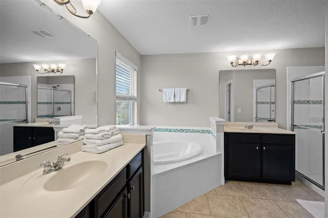 a bathroom with a tub sink and mirror