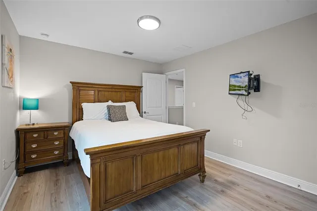 a bedroom with a bed and a tv on table