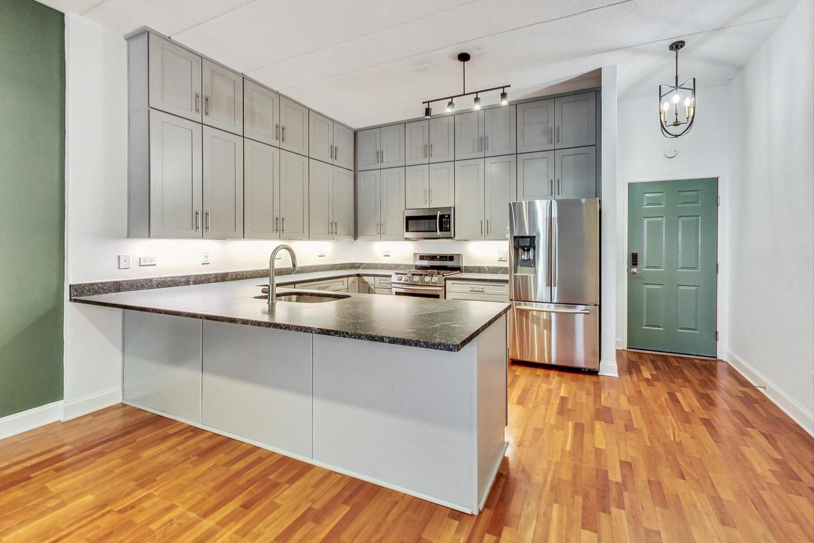 1301 West Washington Boulevard, Unit 208 Chicago, IL 60607 - Photo 12 of 37 a kitchen with kitchen island a sink stainless steel appliances and cabinets