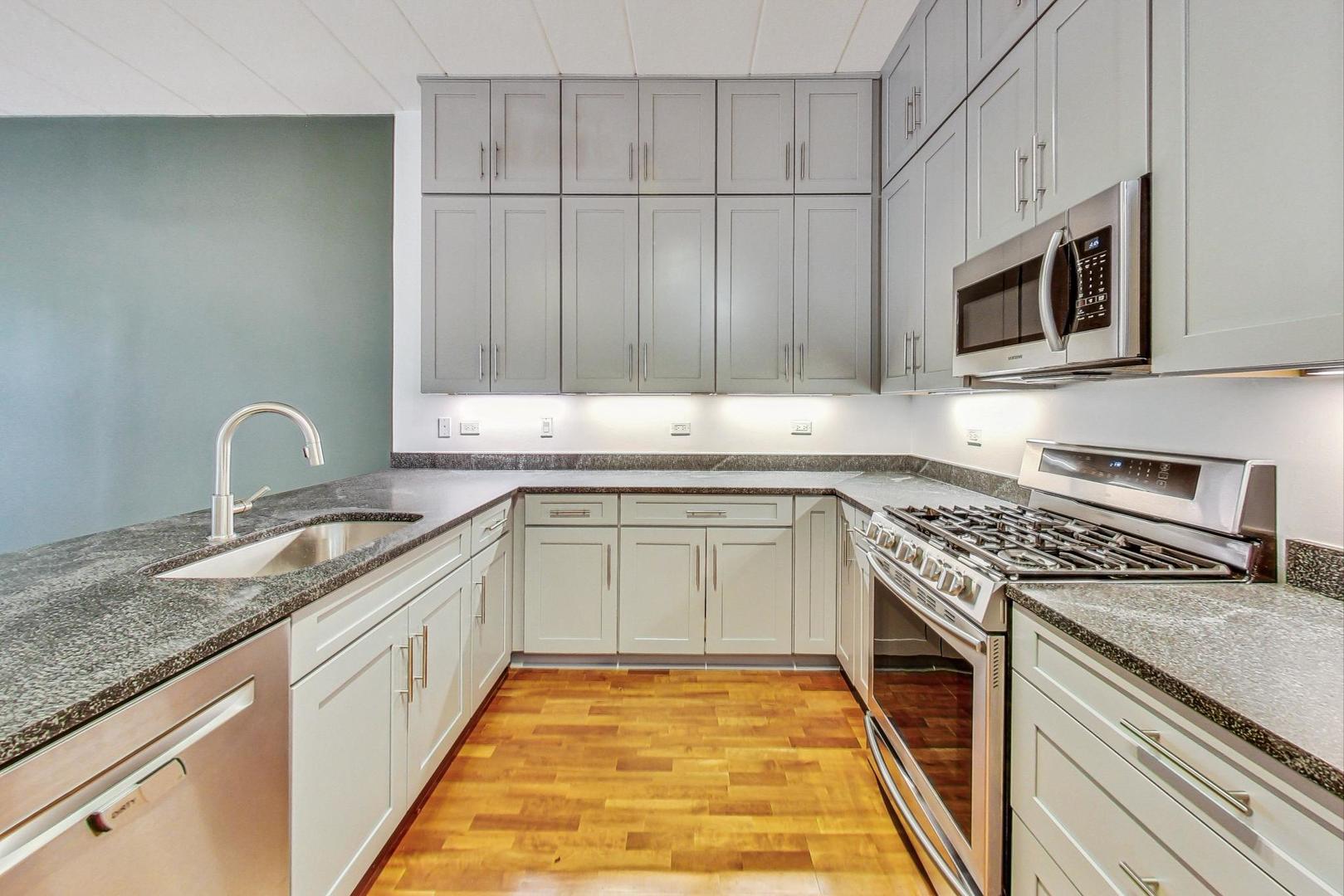 1301 West Washington Boulevard, Unit 208 Chicago, IL 60607 - Photo 13 of 37 a white kitchen with granite countertop stainless steel appliances