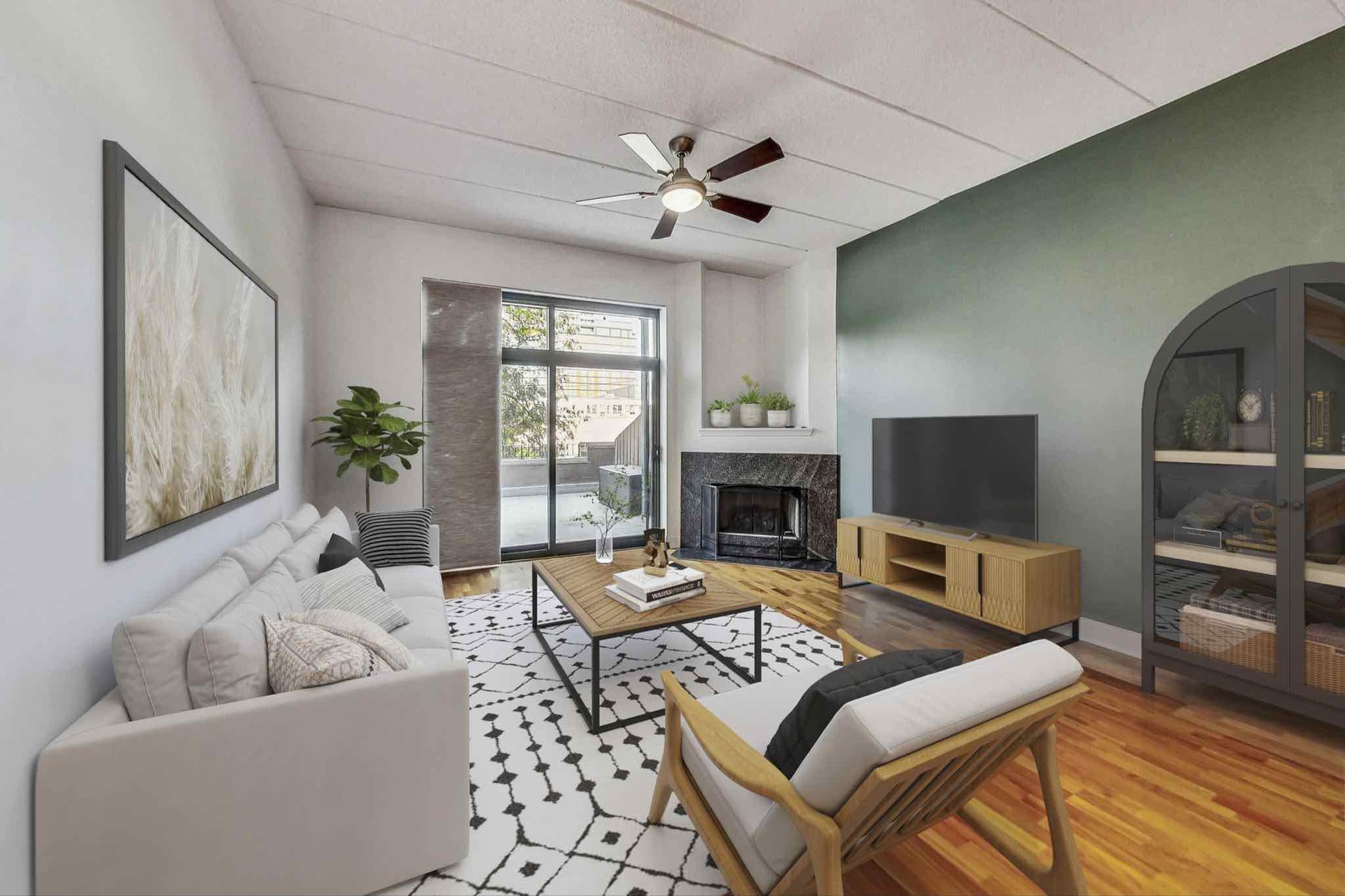 1301 West Washington Boulevard, Unit 208 Chicago, IL 60607 - Photo 3 of 37 a living room with furniture a fireplace and a flat screen tv