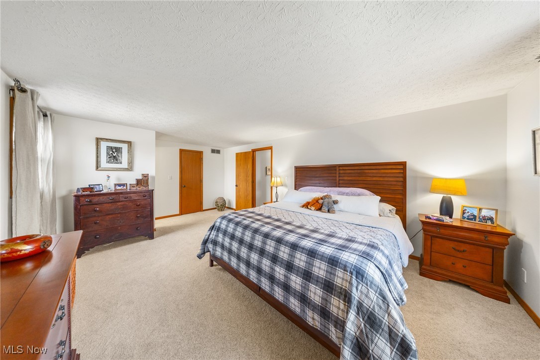 4515 State Road Medina, OH 44256 - Photo 25 of 36 Bedroom featuring visible vents, light colored carpet, and a textured ceiling