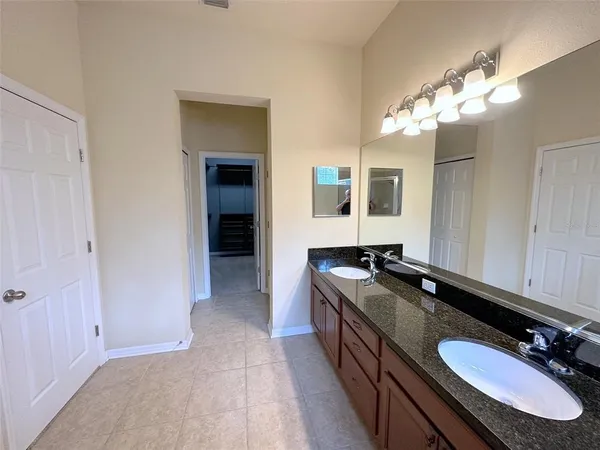 a bathroom with a granite countertop double vanity and a mirror